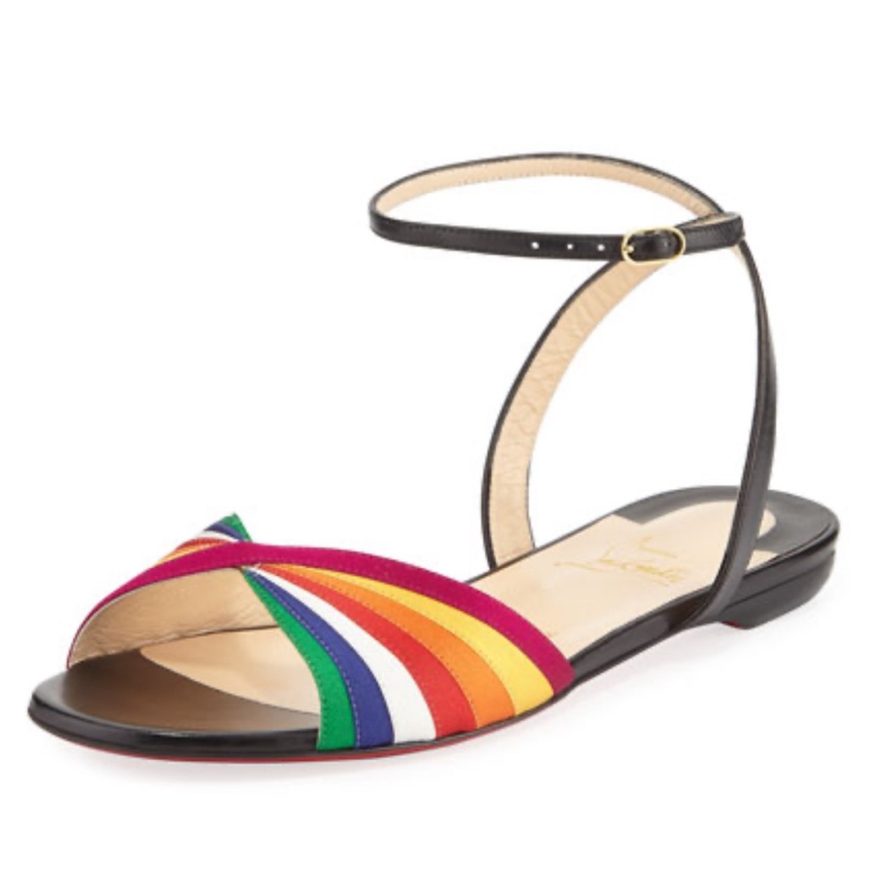 Christian Louboutin Naseeba Flat Sandals, black with rainbow strap - size 38